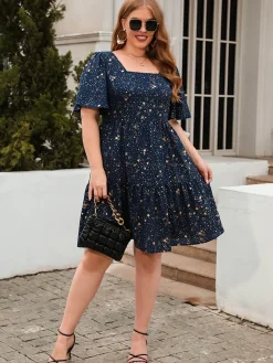 Outlet Retro Stage [Plus Size] 1950s Hot Stamping Stars Square Neck Dress