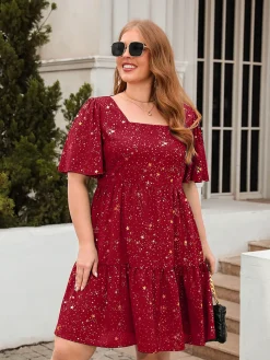 Outlet Retro Stage [Plus Size] 1950s Hot Stamping Stars Square Neck Dress
