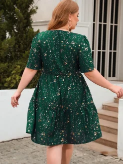 Outlet Retro Stage [Plus Size] 1950s Hot Stamping Stars Square Neck Dress