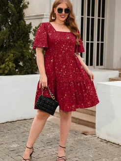 Outlet Retro Stage [Plus Size] 1950s Hot Stamping Stars Square Neck Dress