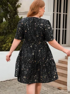 Outlet Retro Stage [Plus Size] 1950s Hot Stamping Stars Square Neck Dress