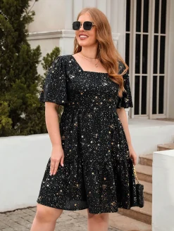 Outlet Retro Stage [Plus Size] 1950s Hot Stamping Stars Square Neck Dress