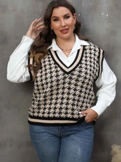 Fashion Retro Stage [Plus Size] 1960s Jacquard Contrasting Houndstooth Wool Vest