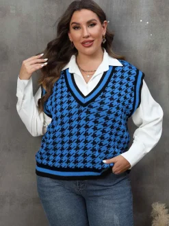 Fashion Retro Stage [Plus Size] 1960s Jacquard Contrasting Houndstooth Wool Vest