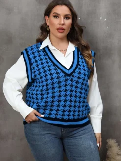 Fashion Retro Stage [Plus Size] 1960s Jacquard Contrasting Houndstooth Wool Vest