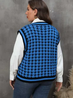 Fashion Retro Stage [Plus Size] 1960s Jacquard Contrasting Houndstooth Wool Vest