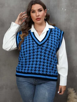Fashion Retro Stage [Plus Size] 1960s Jacquard Contrasting Houndstooth Wool Vest