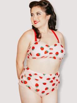 Outlet Retro Stage [Plus Size] 1950s Lace Strawberry Cami Tankini Set Pink