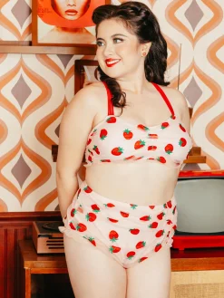 Outlet Retro Stage [Plus Size] 1950s Lace Strawberry Cami Tankini Set Pink