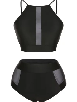 Hot Retro Stage [Plus Size] 1940s Leopard Mesh Patchwork Swimsuit