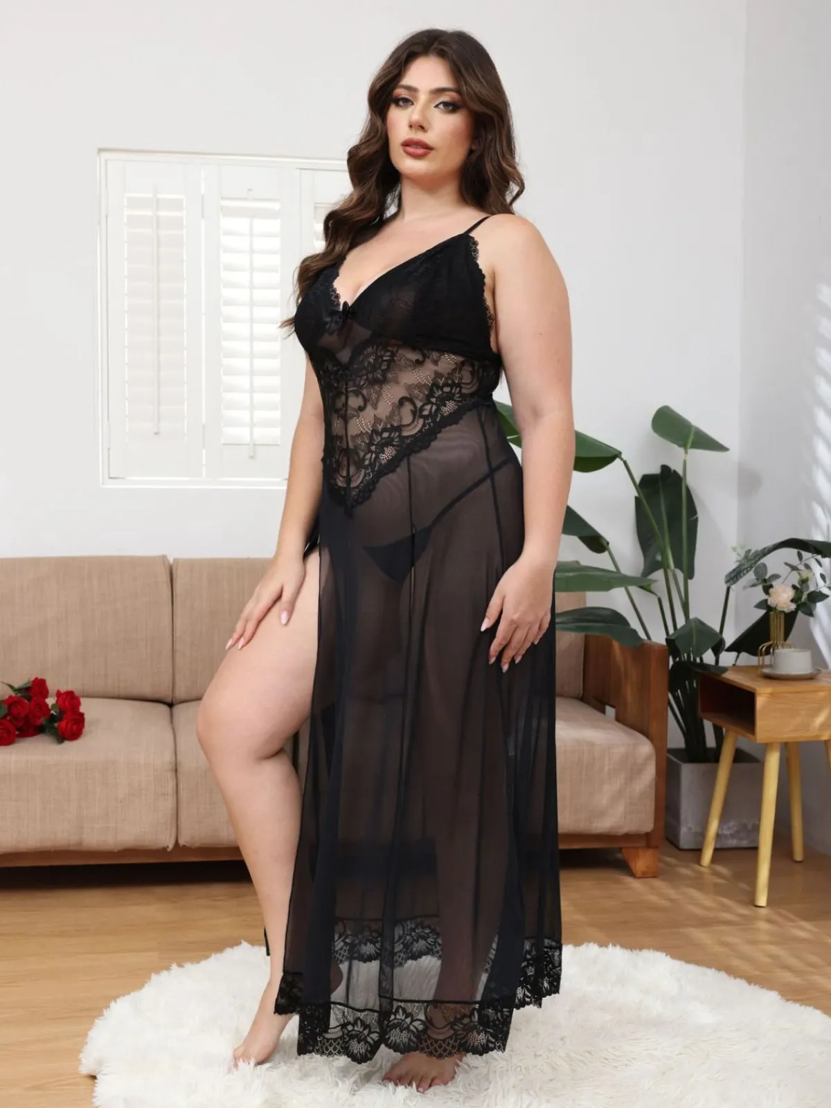 Sale Retro Stage [Plus Size] 1930s Mesh Lace Suspenders Slit Nightgown