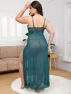 Sale Retro Stage [Plus Size] 1930s Mesh Lace Suspenders Slit Nightgown