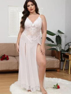 Sale Retro Stage [Plus Size] 1930s Mesh Lace Suspenders Slit Nightgown