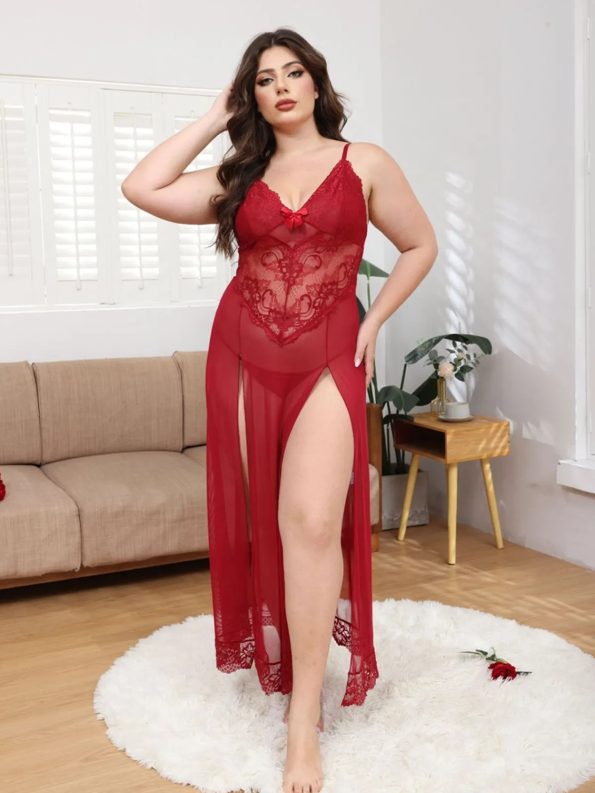 Sale Retro Stage [Plus Size] 1930s Mesh Lace Suspenders Slit Nightgown