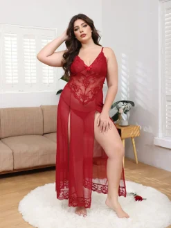 Sale Retro Stage [Plus Size] 1930s Mesh Lace Suspenders Slit Nightgown