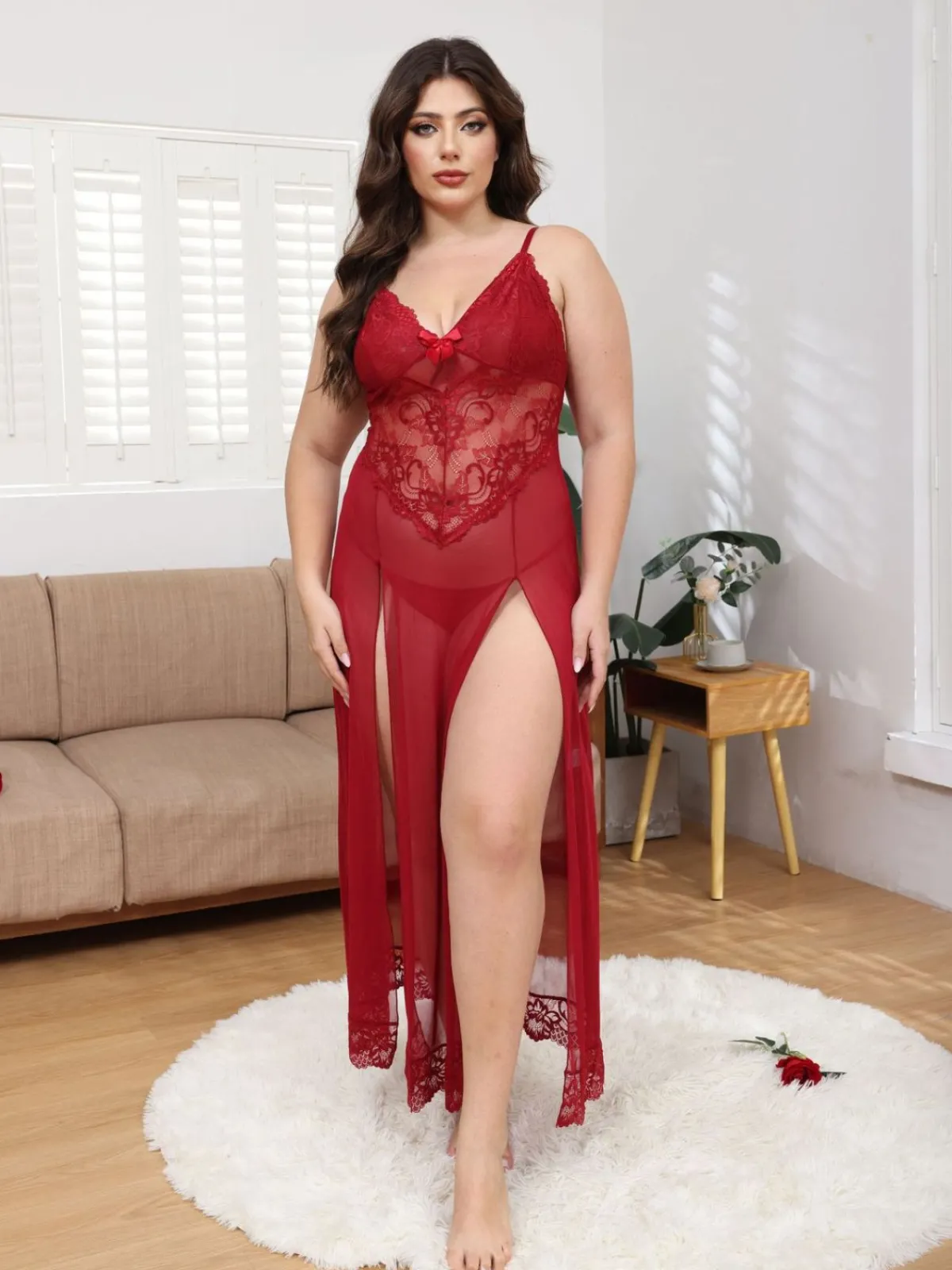Sale Retro Stage [Plus Size] 1930s Mesh Lace Suspenders Slit Nightgown