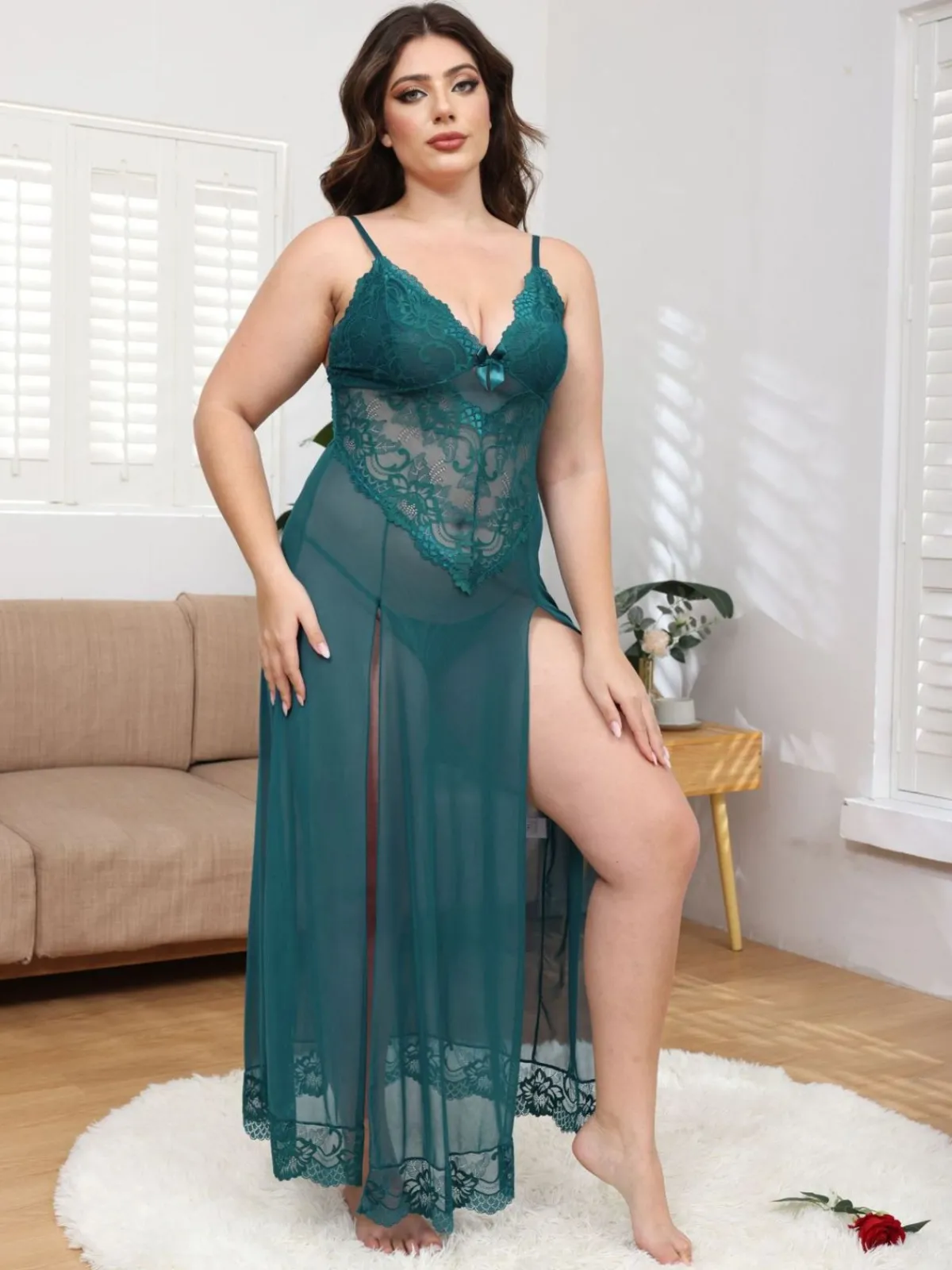 Sale Retro Stage [Plus Size] 1930s Mesh Lace Suspenders Slit Nightgown