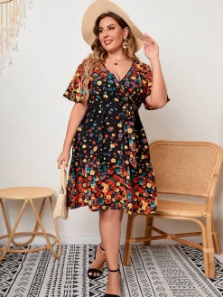 Outlet Retro Stage [Plus Size] 1950s ed Floral Flare Sleeve Dress Multicolor