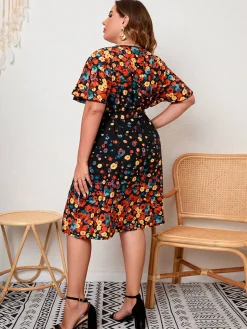 Outlet Retro Stage [Plus Size] 1950s ed Floral Flare Sleeve Dress Multicolor