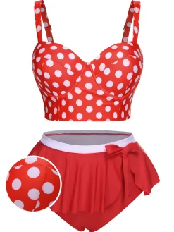 Best Retro Stage [Plus Size] 1930s Polka Dot Suspender Swimsuit Set True Red