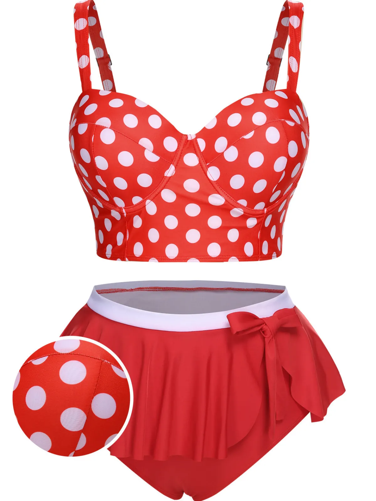 Best Retro Stage [Plus Size] 1930s Polka Dot Suspender Swimsuit Set True Red