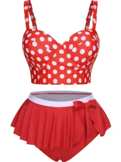 Best Retro Stage [Plus Size] 1930s Polka Dot Suspender Swimsuit Set True Red