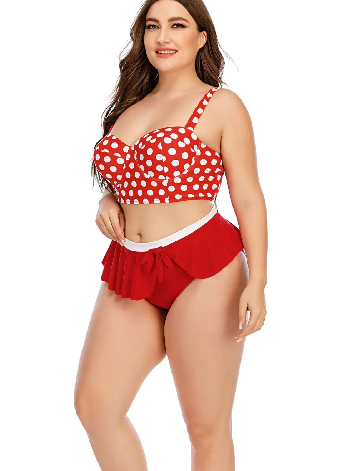 Best Retro Stage [Plus Size] 1930s Polka Dot Suspender Swimsuit Set True Red