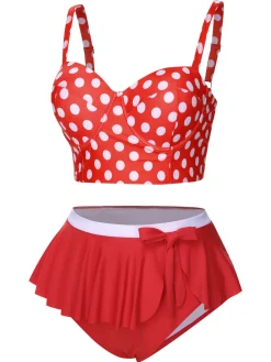 Best Retro Stage [Plus Size] 1930s Polka Dot Suspender Swimsuit Set True Red