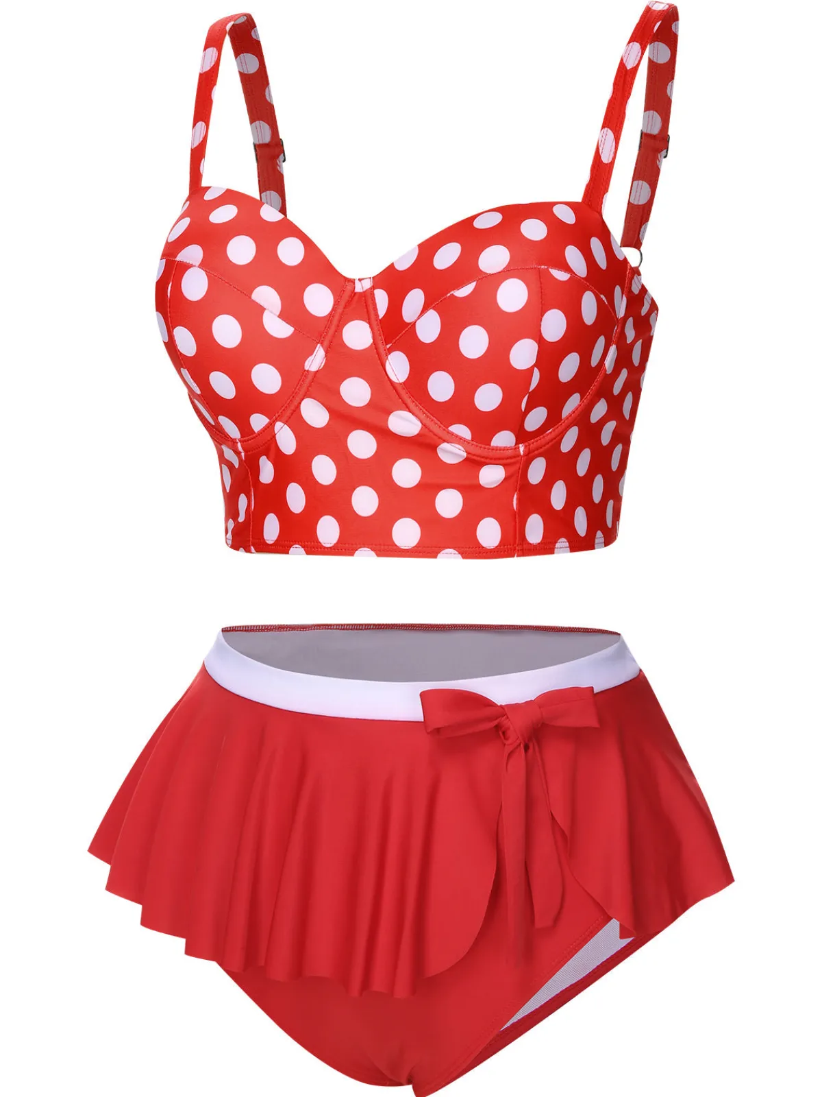 Best Retro Stage [Plus Size] 1930s Polka Dot Suspender Swimsuit Set True Red