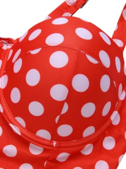Best Retro Stage [Plus Size] 1930s Polka Dot Suspender Swimsuit Set True Red