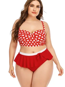 Best Retro Stage [Plus Size] 1930s Polka Dot Suspender Swimsuit Set True Red