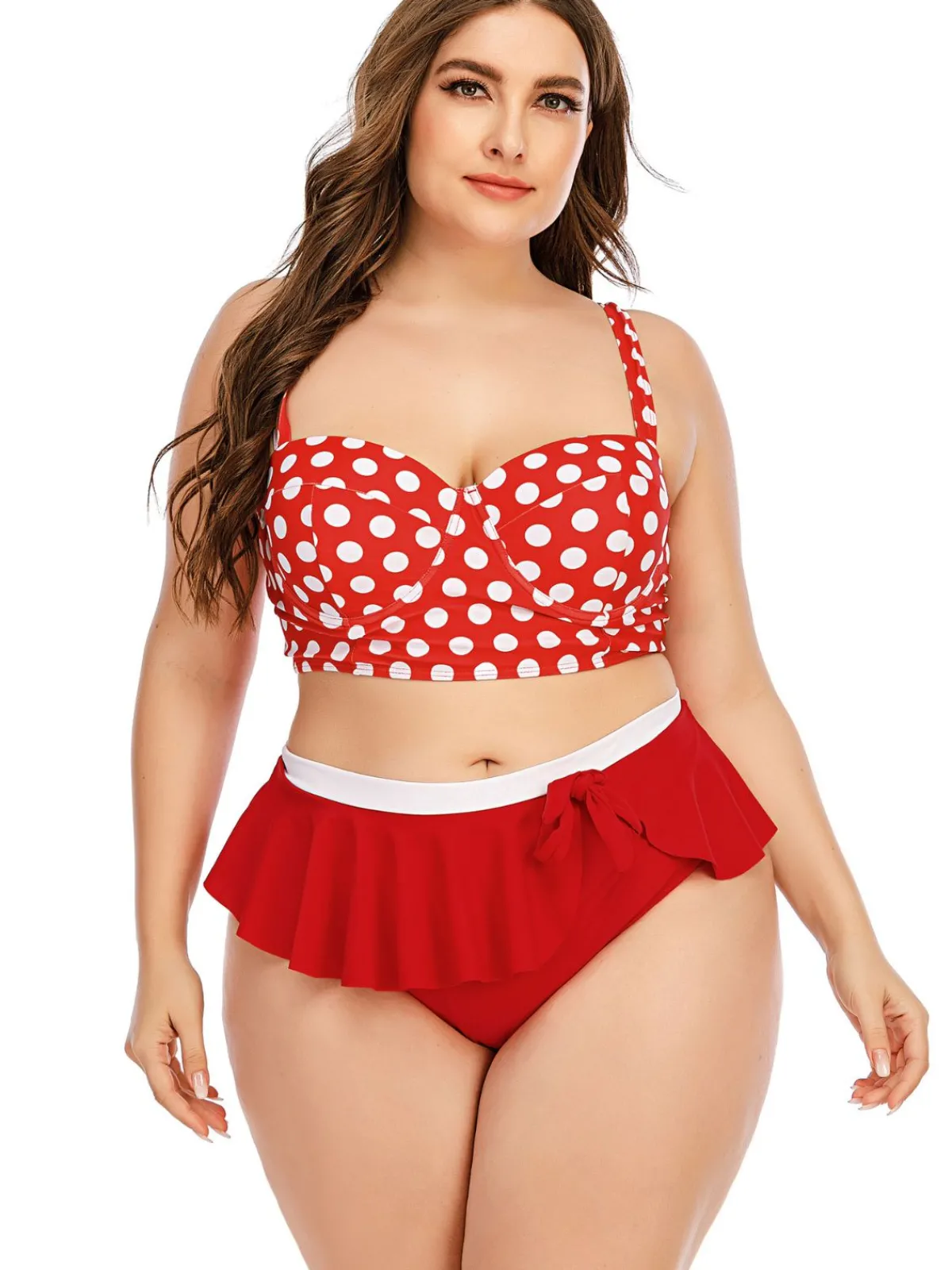 Best Retro Stage [Plus Size] 1930s Polka Dot Suspender Swimsuit Set True Red