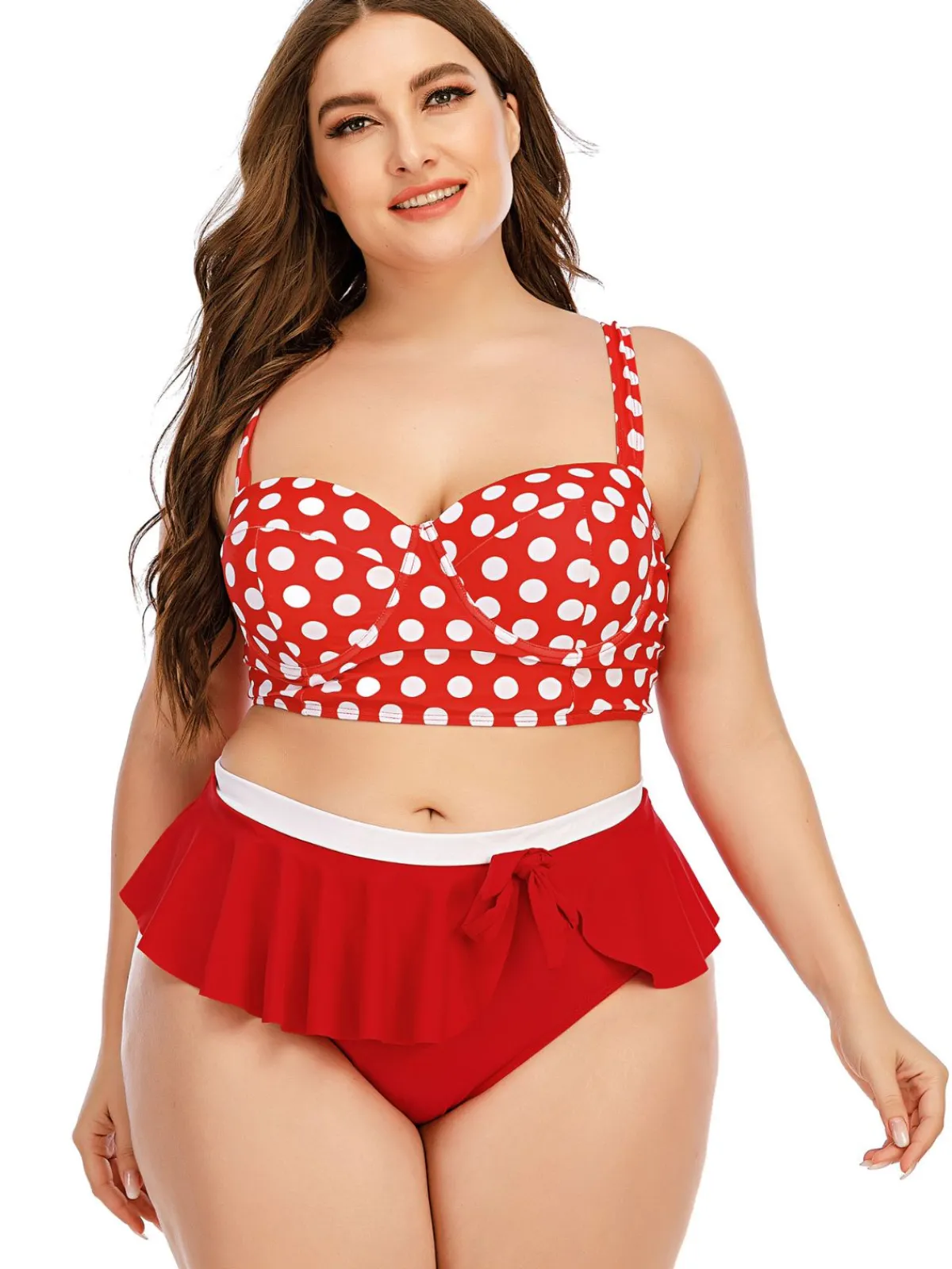 Best Retro Stage [Plus Size] 1930s Polka Dot Suspender Swimsuit Set True Red