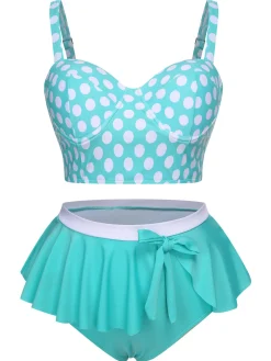 Hot Retro Stage [Plus Size] 1930s Polka Dot Suspender Swimsuit Set