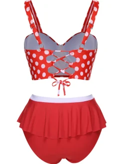Hot Retro Stage [Plus Size] 1930s Polka Dot Suspender Swimsuit Set
