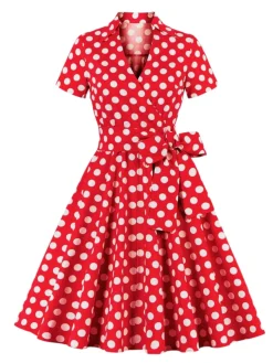 Best Retro Stage [Plus Size] 1950s Polka Dots Waist Tie Lapel Dress