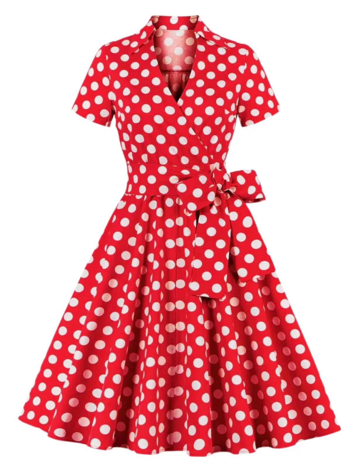 Best Retro Stage [Plus Size] 1950s Polka Dots Waist Tie Lapel Dress