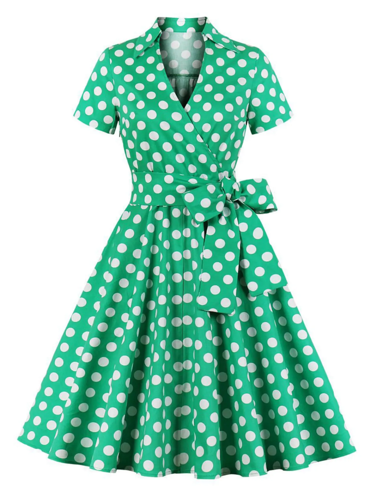 Best Retro Stage [Plus Size] 1950s Polka Dots Waist Tie Lapel Dress