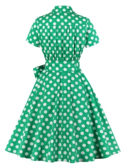 Best Retro Stage [Plus Size] 1950s Polka Dots Waist Tie Lapel Dress