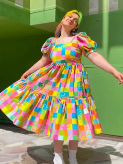Outlet Retro Stage [Plus Size] 1950S Rainbow Check Floral Puff Sleeve Dress Multicolor