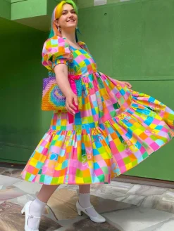 Outlet Retro Stage [Plus Size] 1950S Rainbow Check Floral Puff Sleeve Dress Multicolor