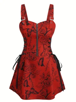 Clearance Retro Stage [Plus Size] 1970s Rose Floral Steampunk Zipper Dress
