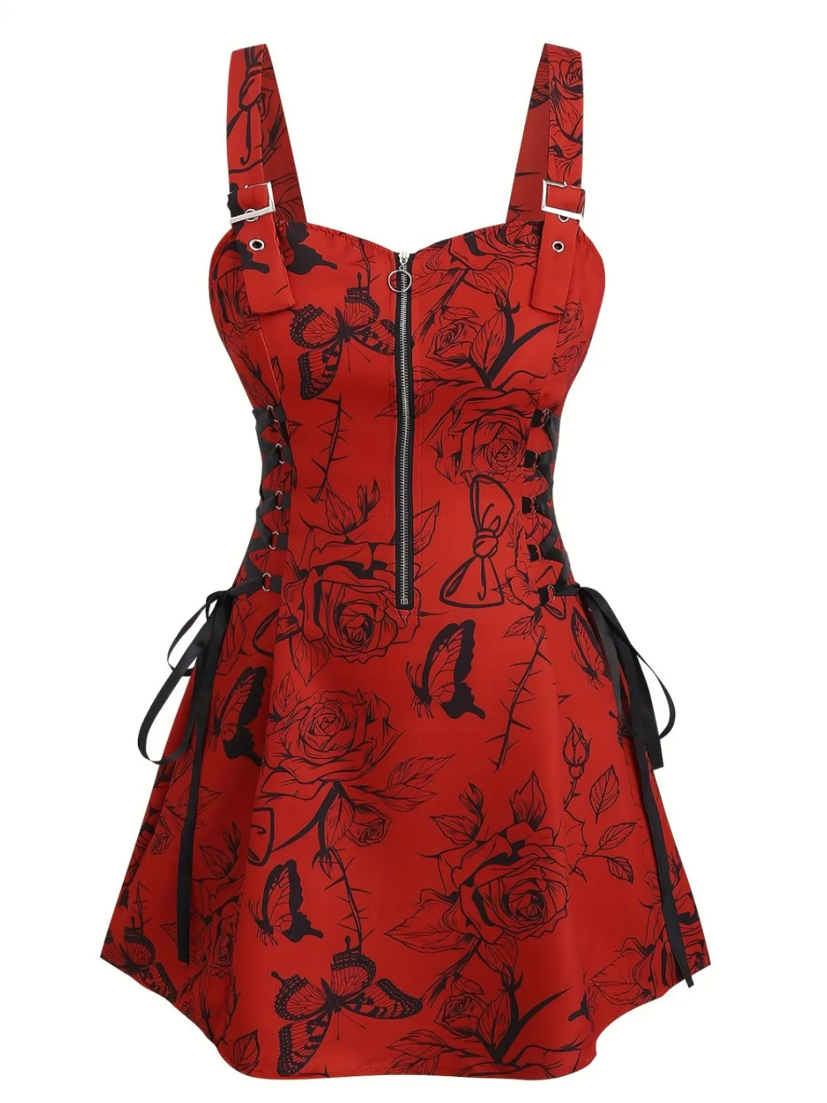 Clearance Retro Stage [Plus Size] 1970s Rose Floral Steampunk Zipper Dress