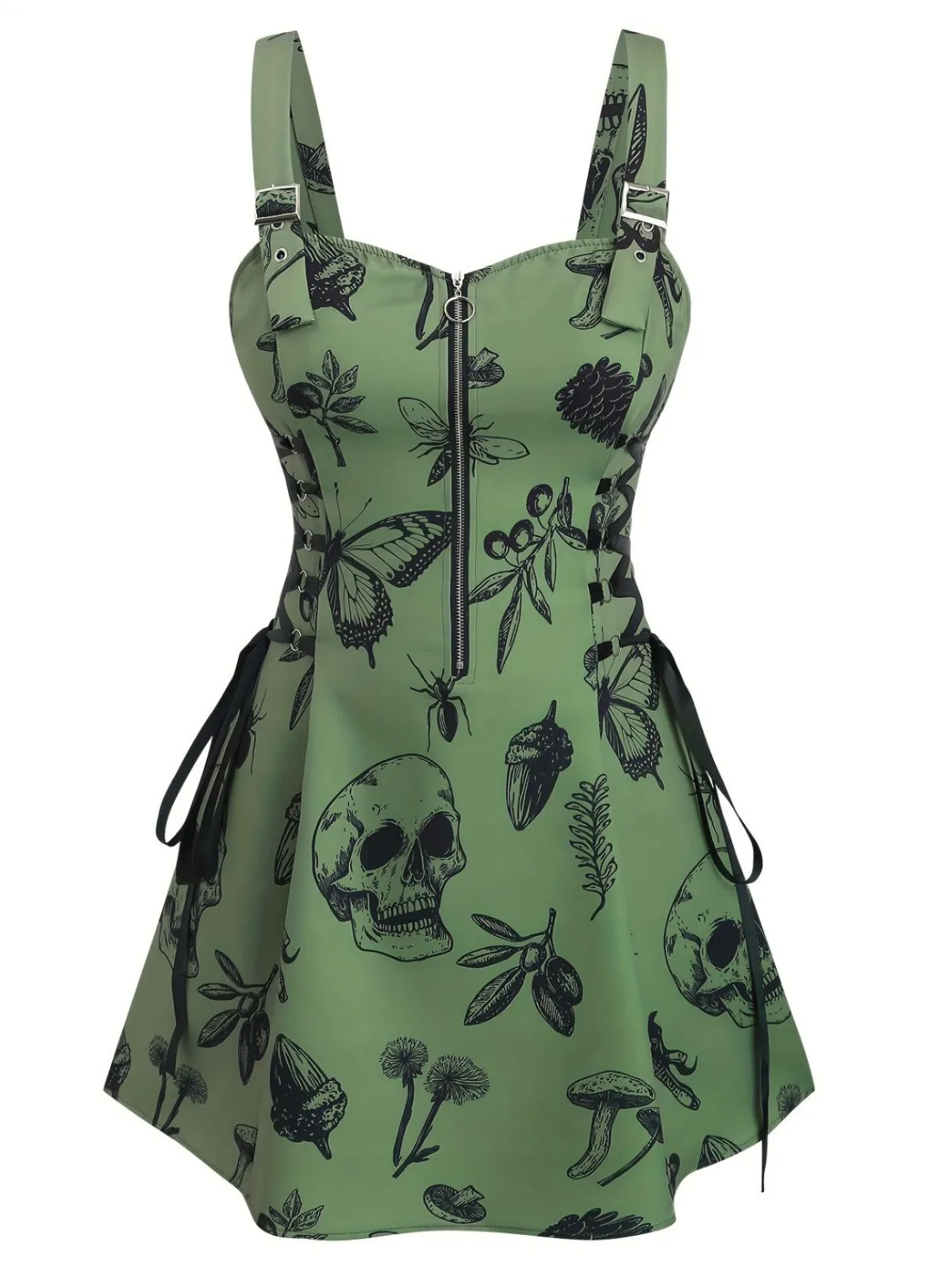 New Retro Stage [Plus Size] 1970s Rose Floral Steampunk Zipper Dress
