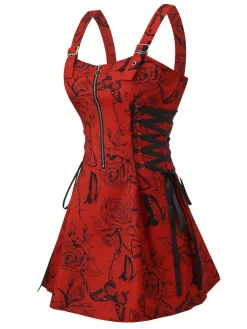 New Retro Stage [Plus Size] 1970s Rose Floral Steampunk Zipper Dress
