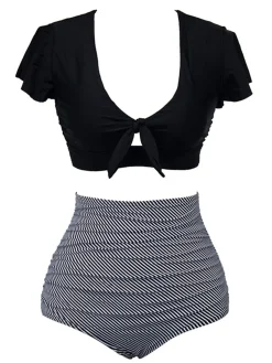 Hot Retro Stage [Plus Size] 1950s Ruffle Sleeve Lace-Up Patchwork Swimsuit Black