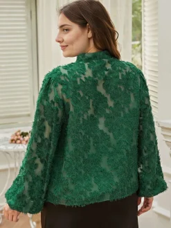 Sale Retro Stage [Plus Size] 1940s Solid Floral Jacquard Tie Neck Blouse