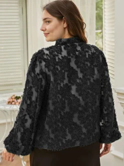 Sale Retro Stage [Plus Size] 1940s Solid Floral Jacquard Tie Neck Blouse