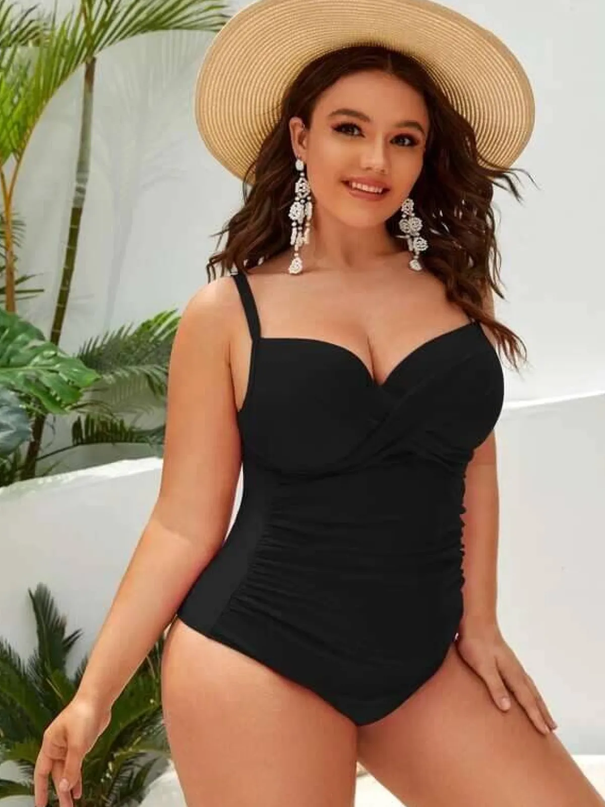 Clearance Retro Stage [Plus Size] 1950s Solid Front Cross One-Piece Swimsuit
