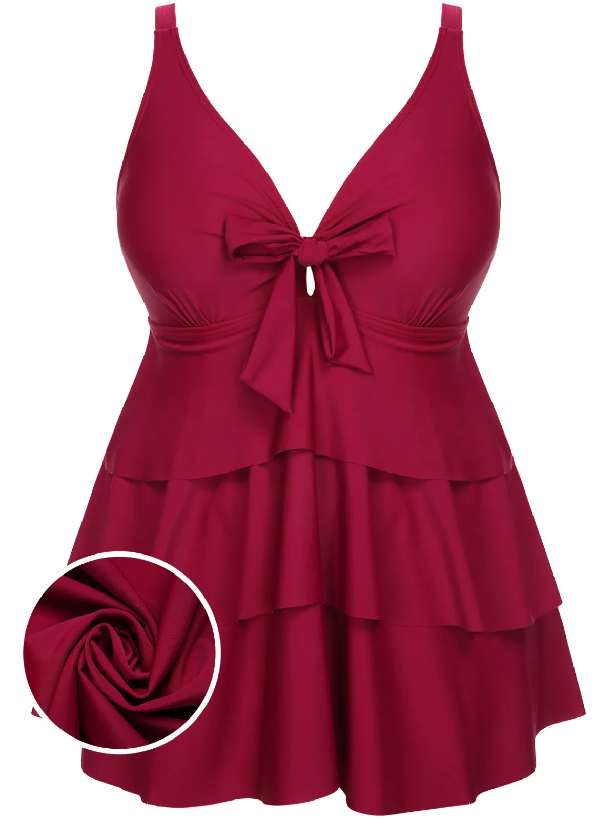Fashion Retro Stage [Plus Size] 1950s Solid Front Tie Ruffle Swimsuit